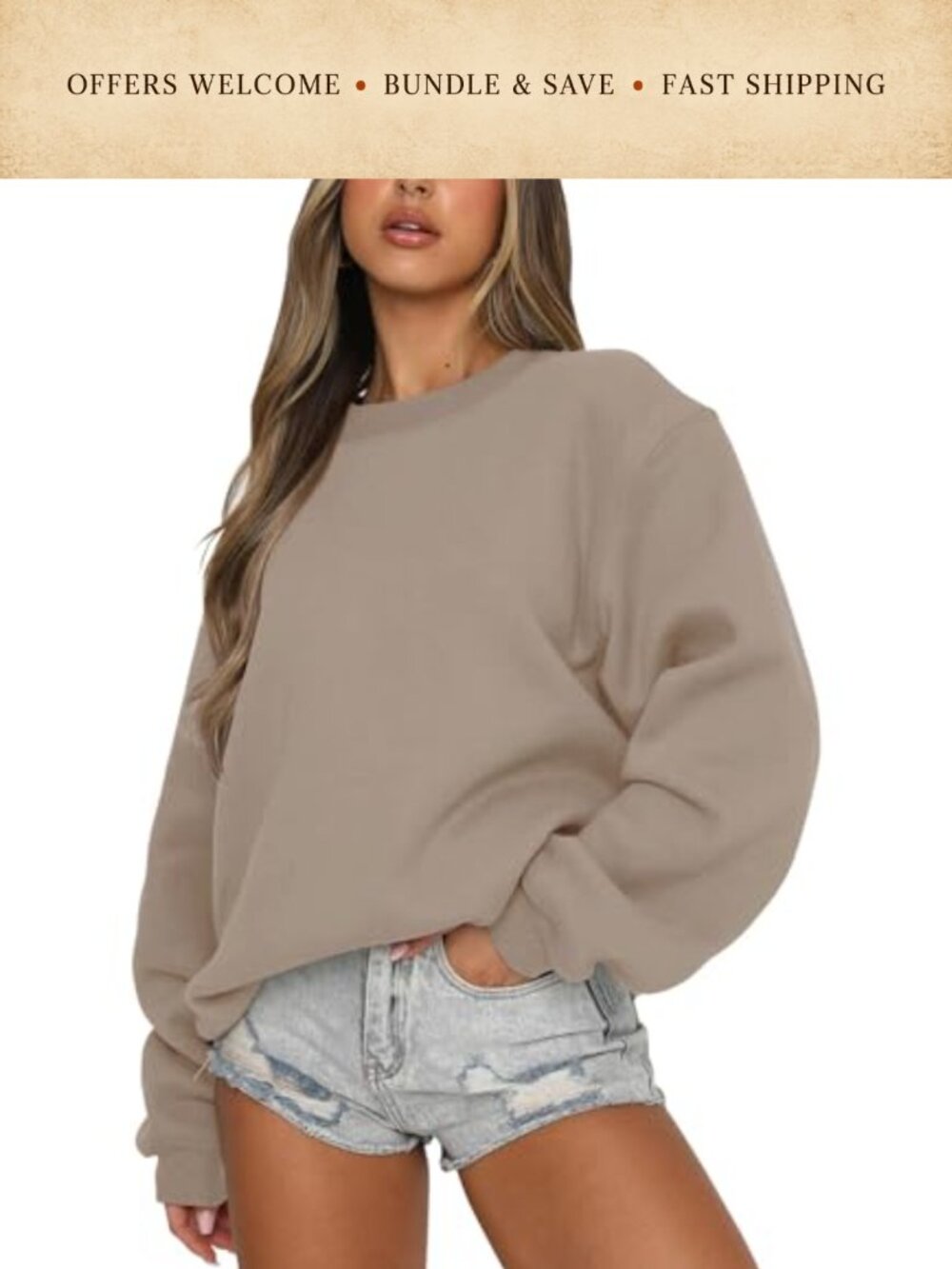 Fleece Lined Crewneck Pullover Sweatshirt Long Sleeve Drop Shoulder Women's